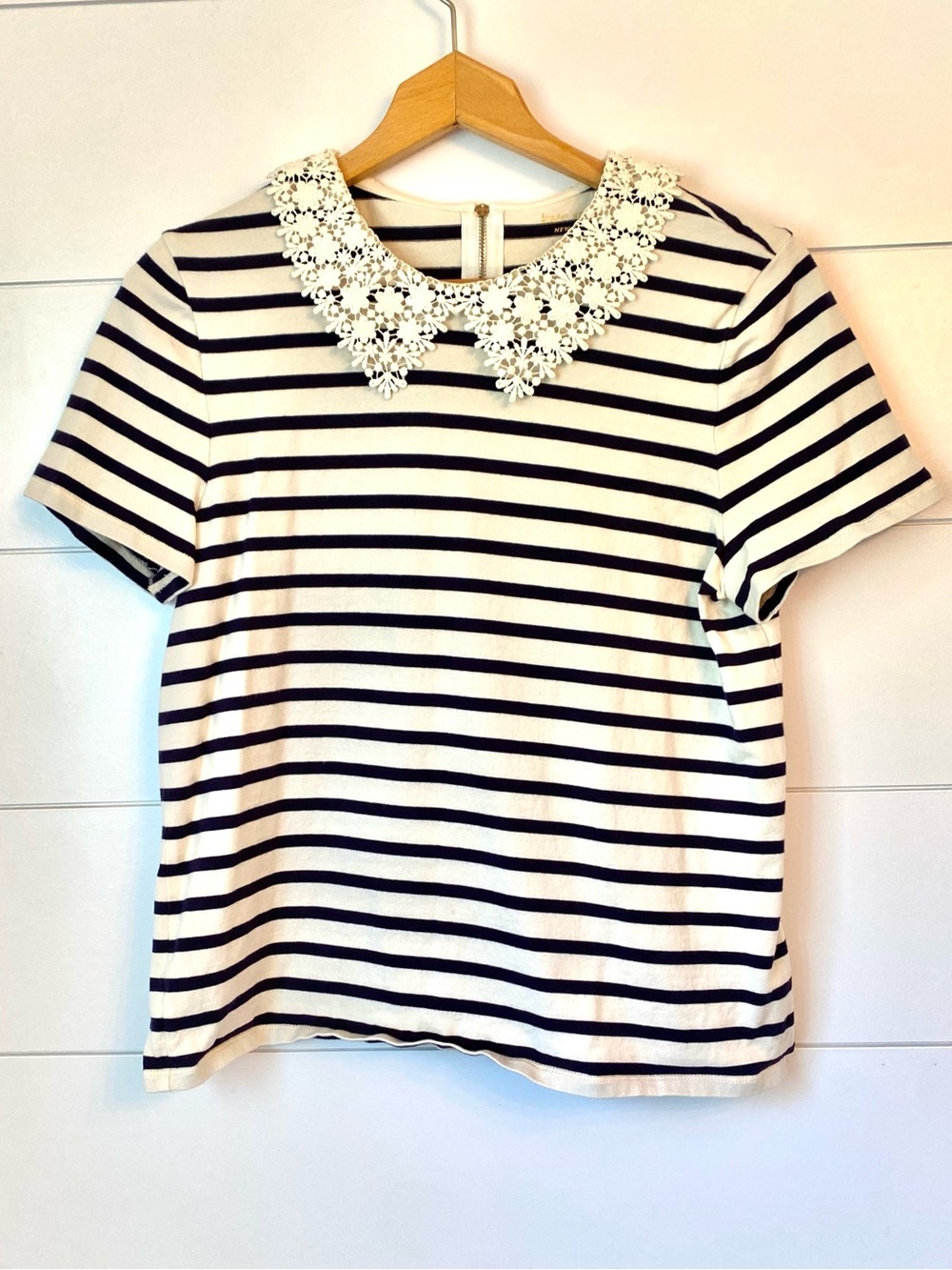 NWOT kate spade Black & White Striped Short-Sleeve Top with Lace Collar